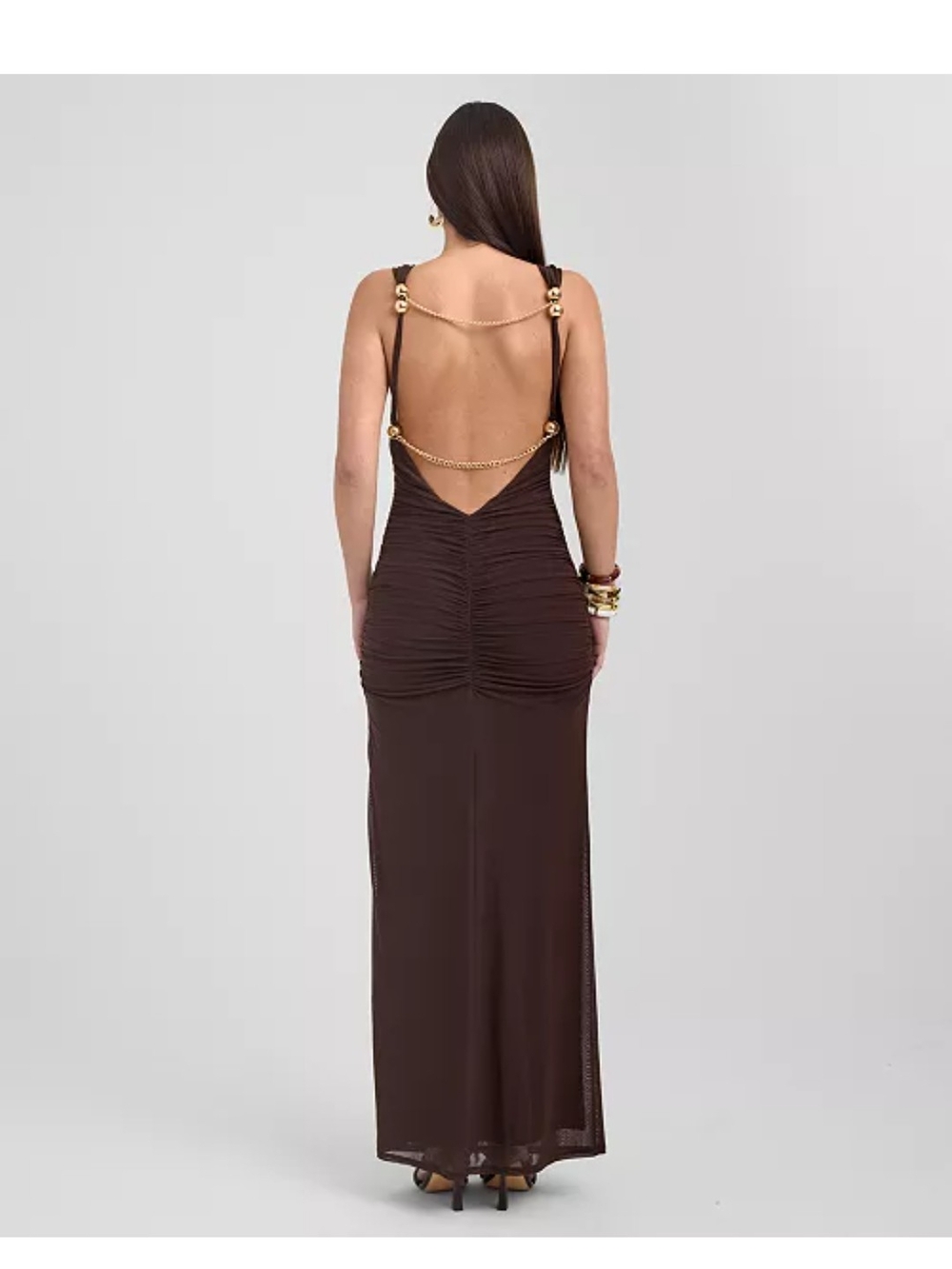 RACHEL Rachel Roy Brown Backless Gown with Gold Chain Accents
